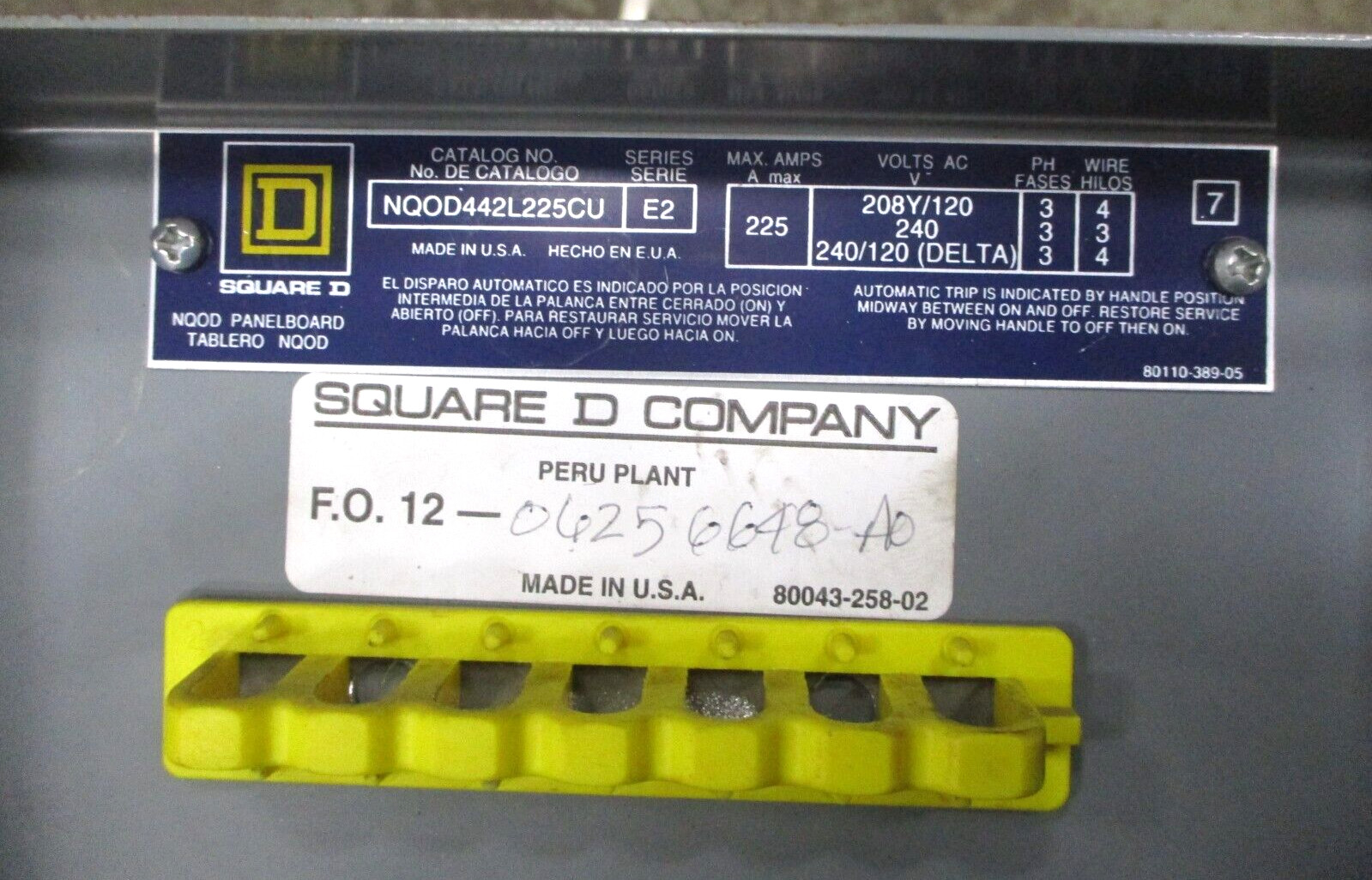 Square D NQ0D442L225CU Panel Board Circuit Breaker 225 Max Amps 3 Phase A8487AB