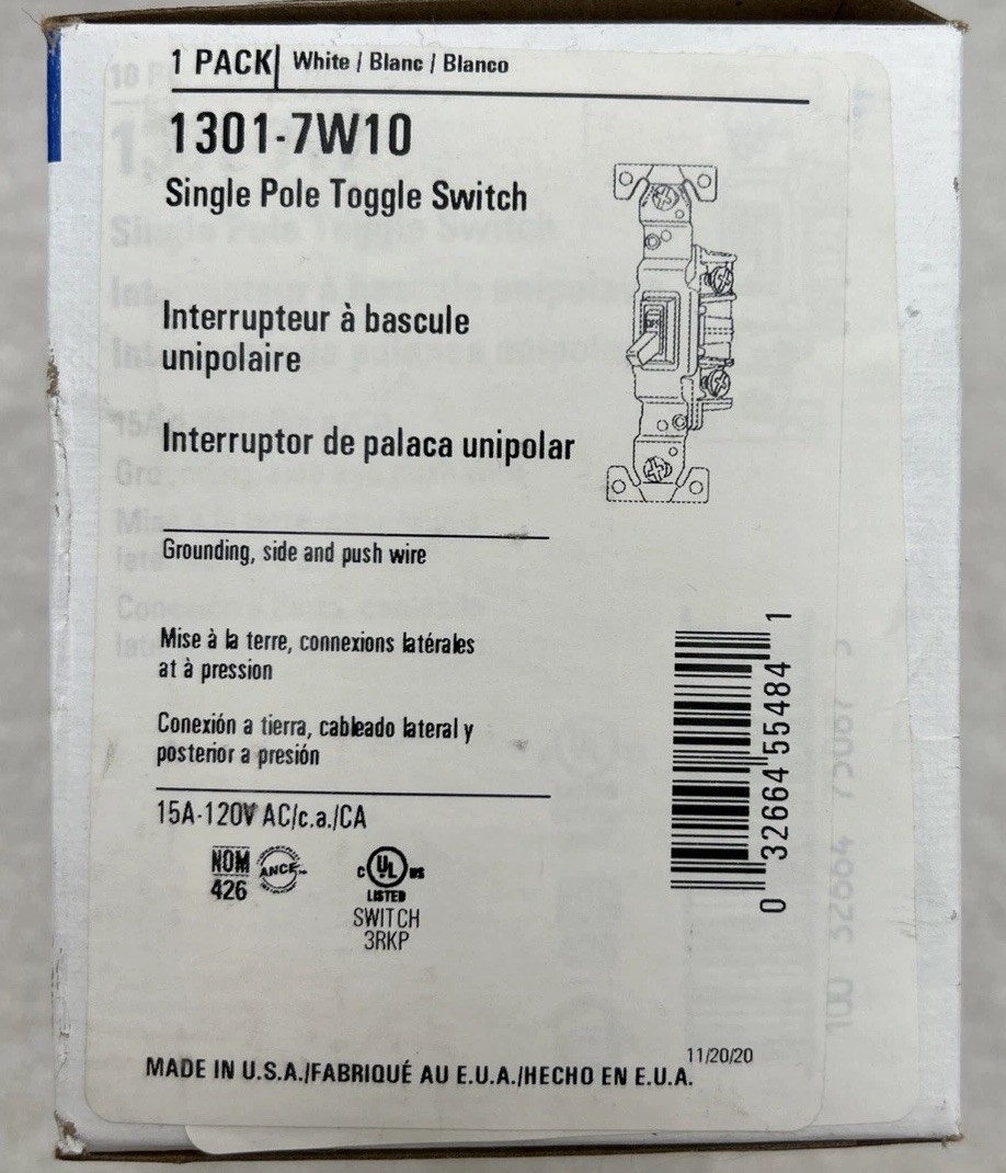 Eaton NSB 1301-7W-10 (5) Boxes of 10 Single Pole Toggle Switches 2 open 3 Sealed