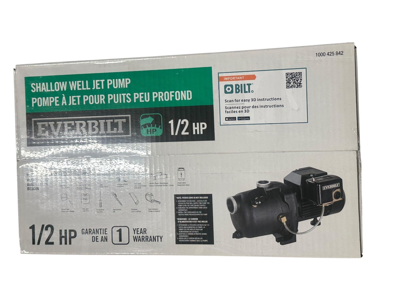 Everbilt Shallow Well Jet Pump 1/2HP (J100A3) – New