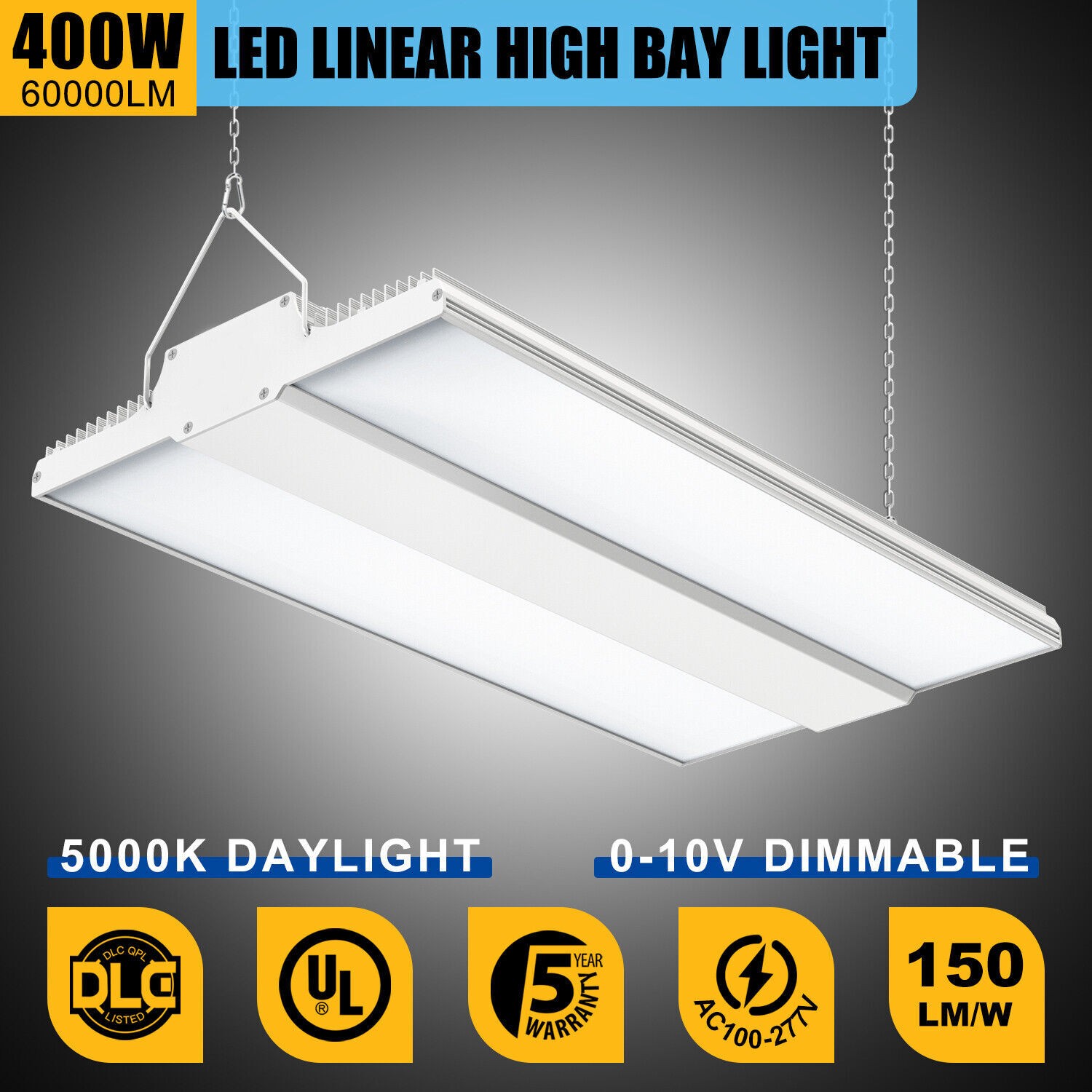 400W LED Linear High Bay Light 60,000LM Commercial Shop Lighting Fixtures 5000K