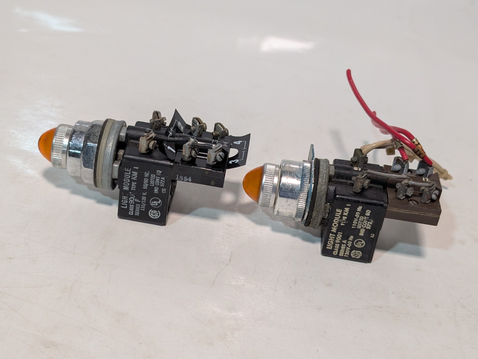 Lot of 2 Square D 9001KM1 amber pilot light modules, 110/120VAC, 30mm, as shown