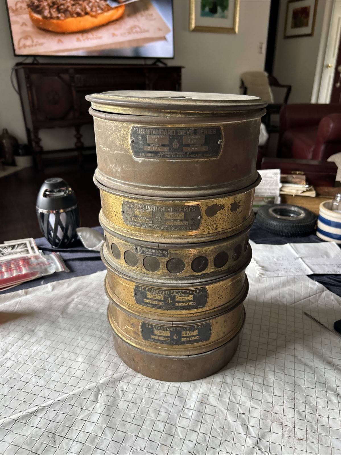 Vintage USA Standard (5) Testing Sieves Brass/steel With bottom And Top