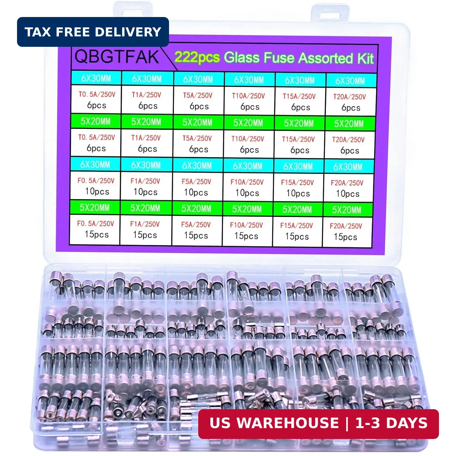 24 Values 222pcs 250V Fast Slow Blow Glass Fuses Assorted Kit 6X30MM 250V T 0.5A