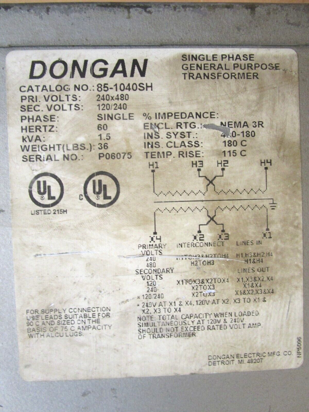 Dongan Single Phase Transformer 1.5kVA 240×480 PRI Volts 120/240 SEC Vol 50832HM