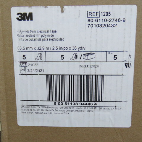 3M 1205-2-1/2 IN X 36 YDS Qty of 1 per Lot Tape, Acrylic Adhesive, Polyimide Fi