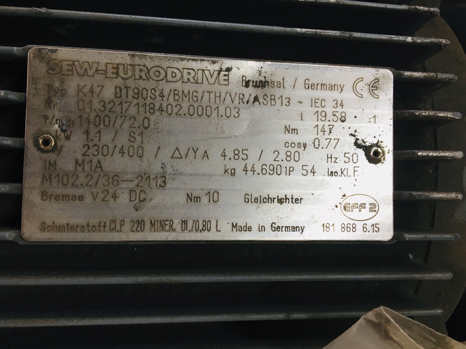 SEW EURODRIVE K47 DT90S4/BMG/TH/VR/ASB13 1400/72RPM 1.1KW 50HZ 230/400V