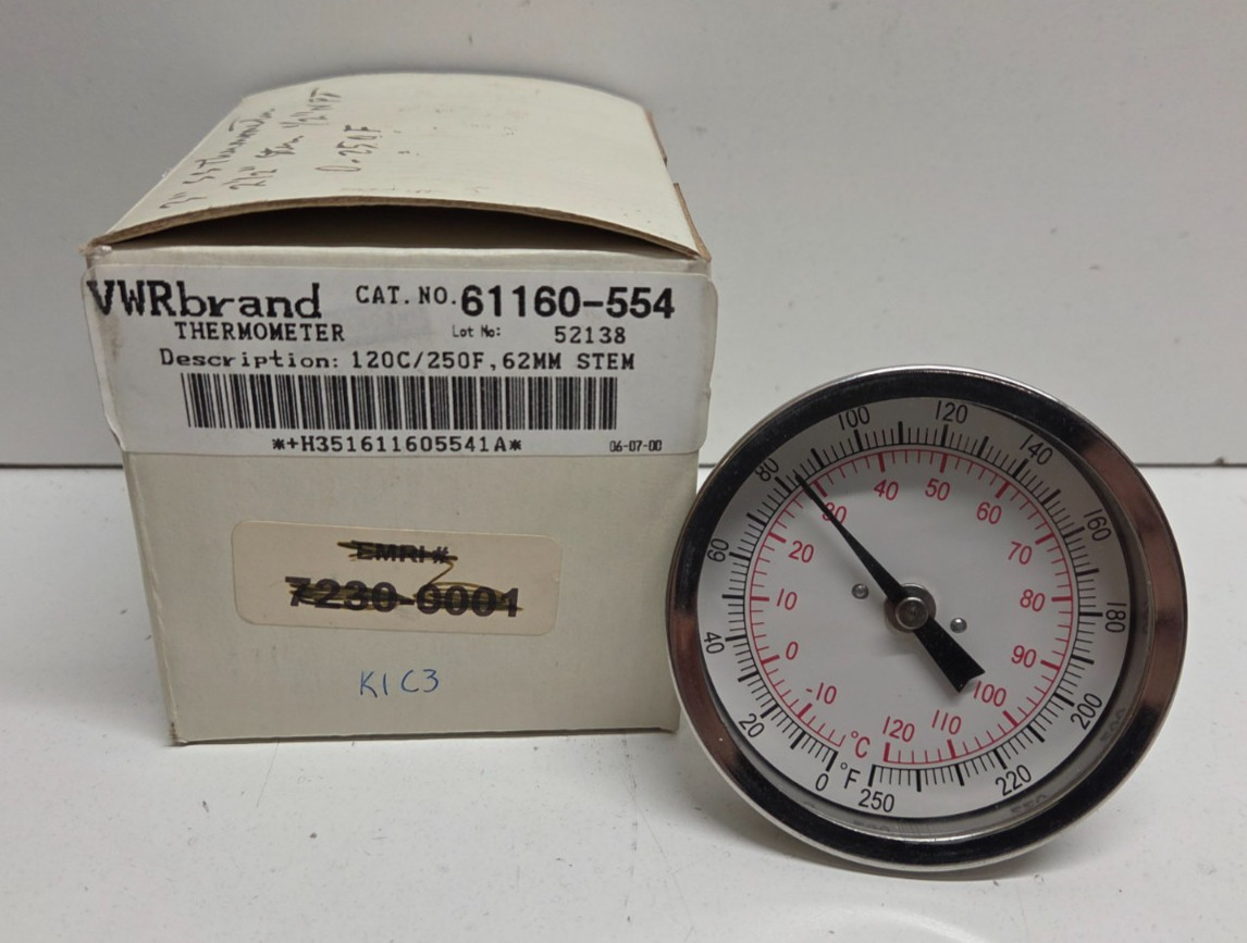 NEW IN BOX! VWR BRAND 3″ DIAL 62MM STEM 0-250F DEGREE THERMOMETER 61160-554