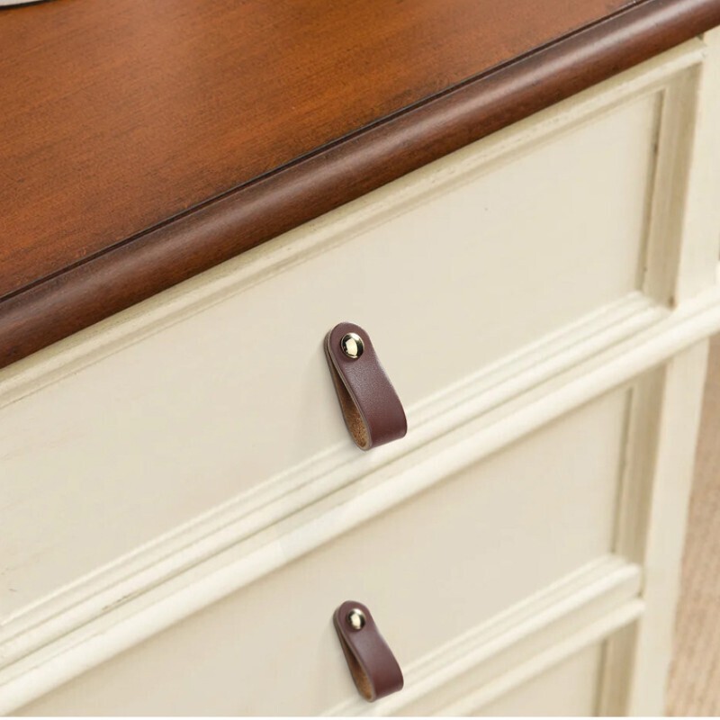 5Pcs Leather Drawer Pulls Single Hole Knobs for Drawers, Grey/Silver