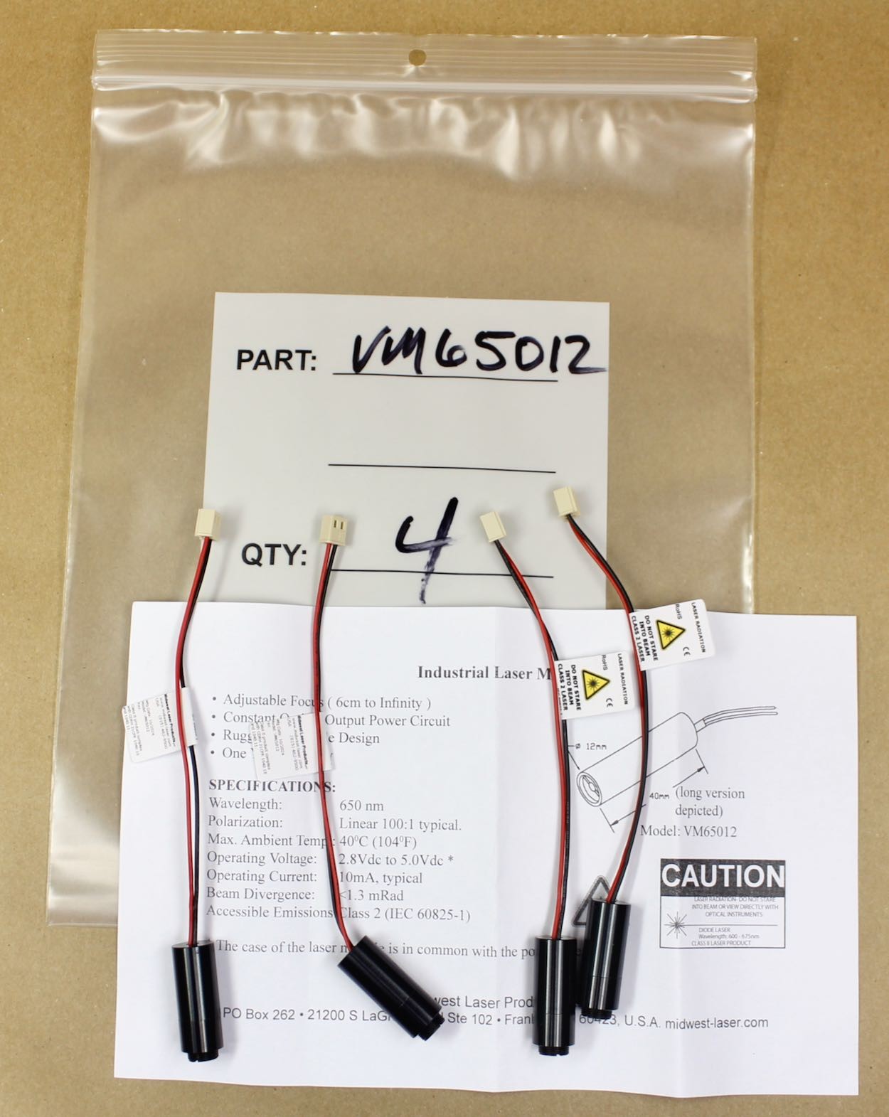4 Midwest VM65012 Red Dot Laser Modules 12mm 650nm 0.8 to 0.95 mW Class 2