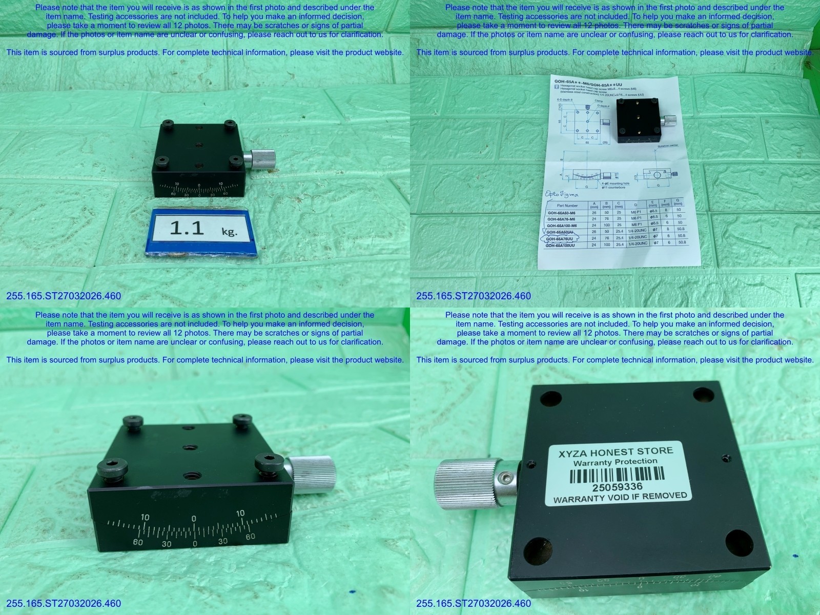 Optosigma G0H-65A76UU 1-Axis Brass Goniometers as shown in photos, sn:9336, DHL.