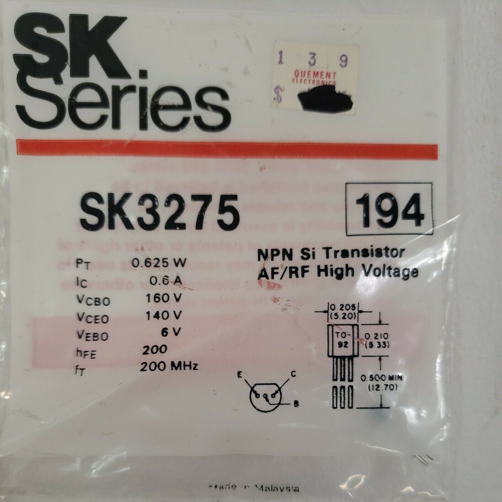 SK SERIES SK3275 NPN Si TRANSISTOR (LOT OF 6)