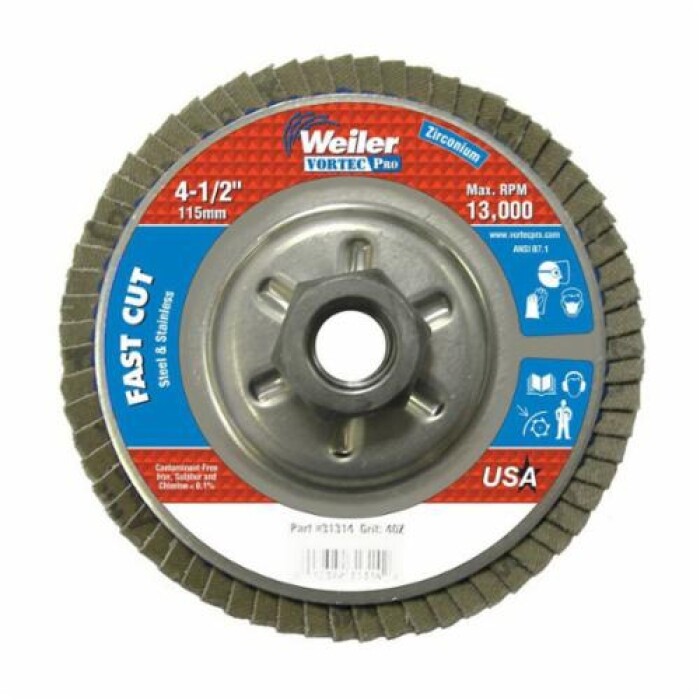 Weiler Vortec Pro 4-1/2″ Fast Cut Flap Disc 40 Grit Coated Abrasive