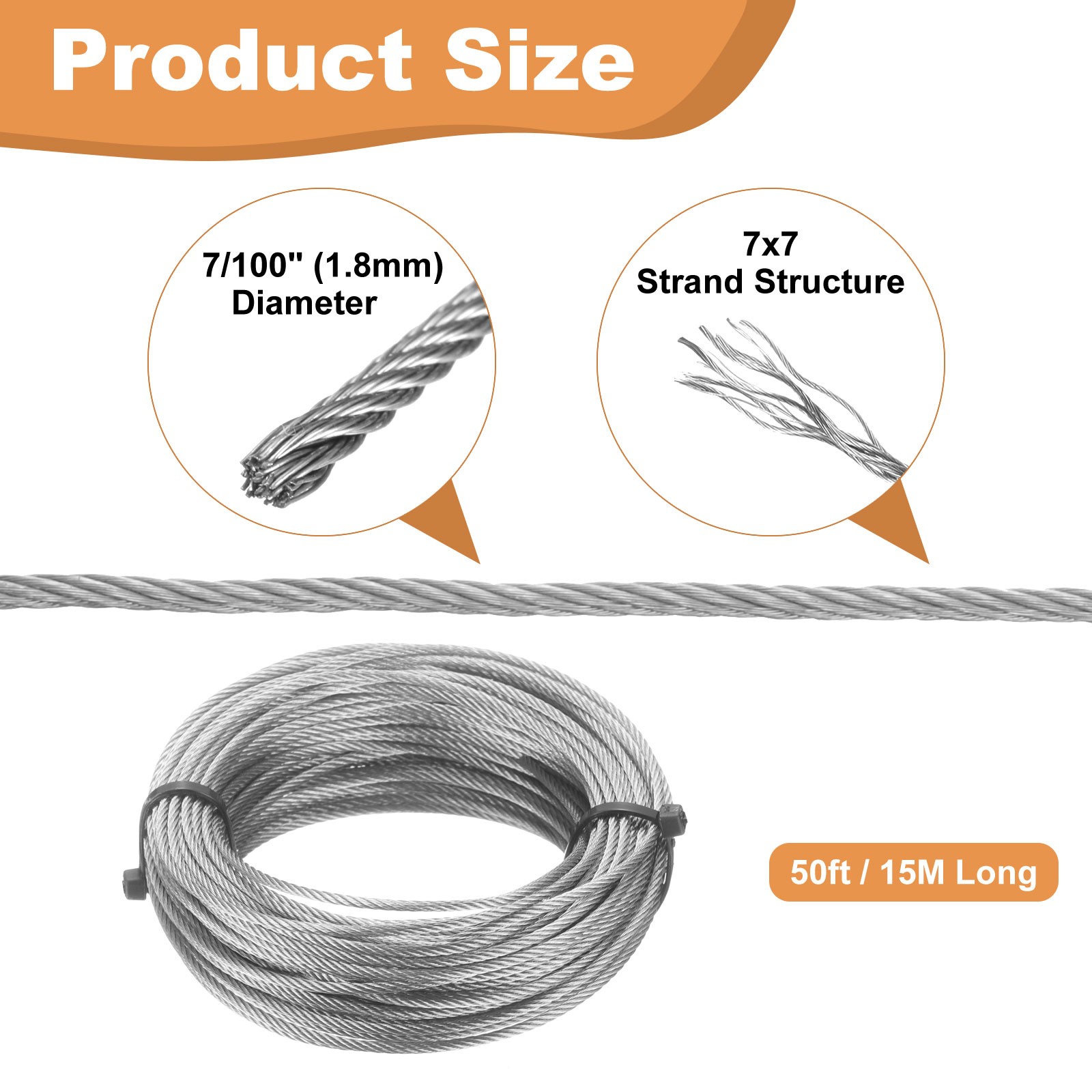 50ft (15M) 1.8mm Stainless Steel Wire Rope 7×7 Strand with 20pcs Loop Sleeves
