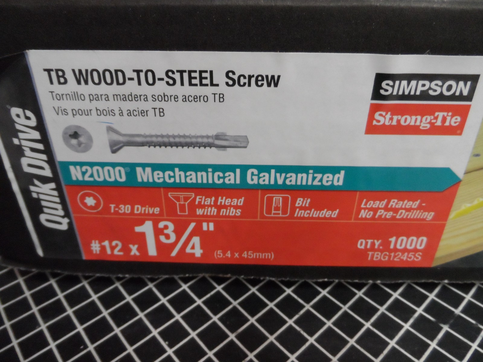 #12 x 1-3/4″ Quik Drive Strong-Drive TB WOOD-TO-STEEL Screws N2000 1,000 (26582)