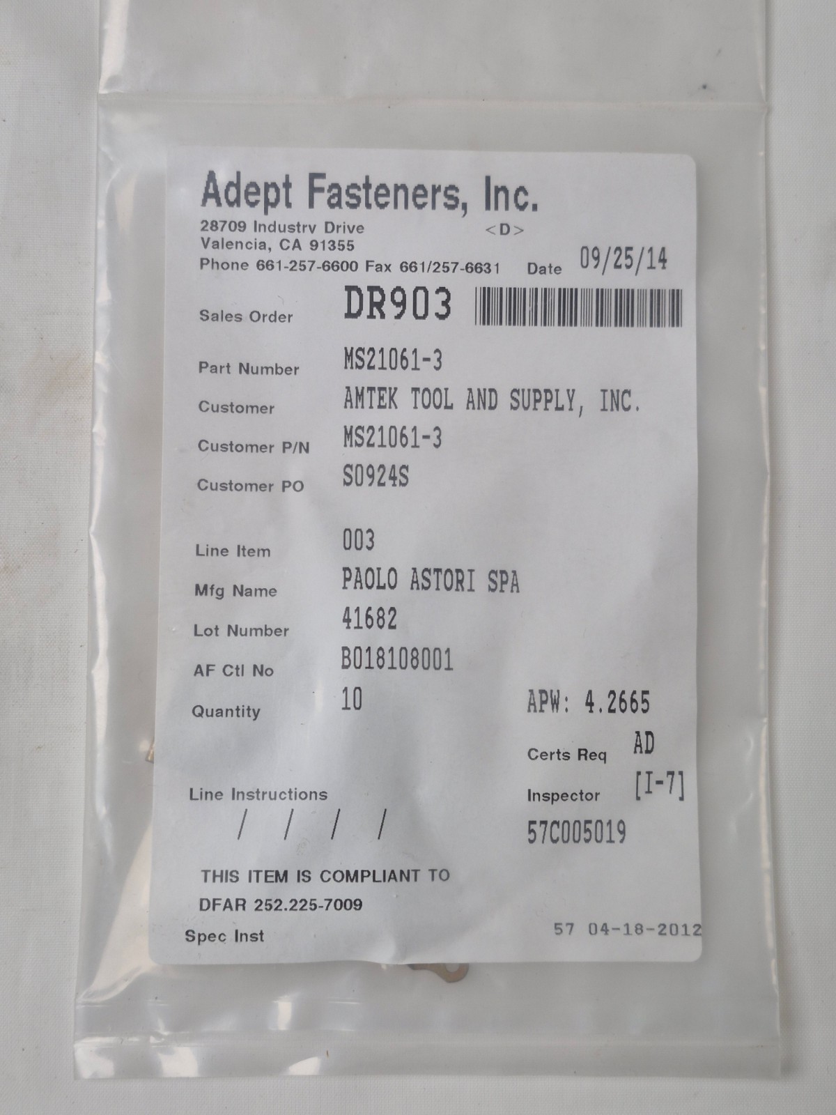 ADEPT FASTENERS MS21061-3 SELF LOCKING NUT PLATE (LOT OF 10)