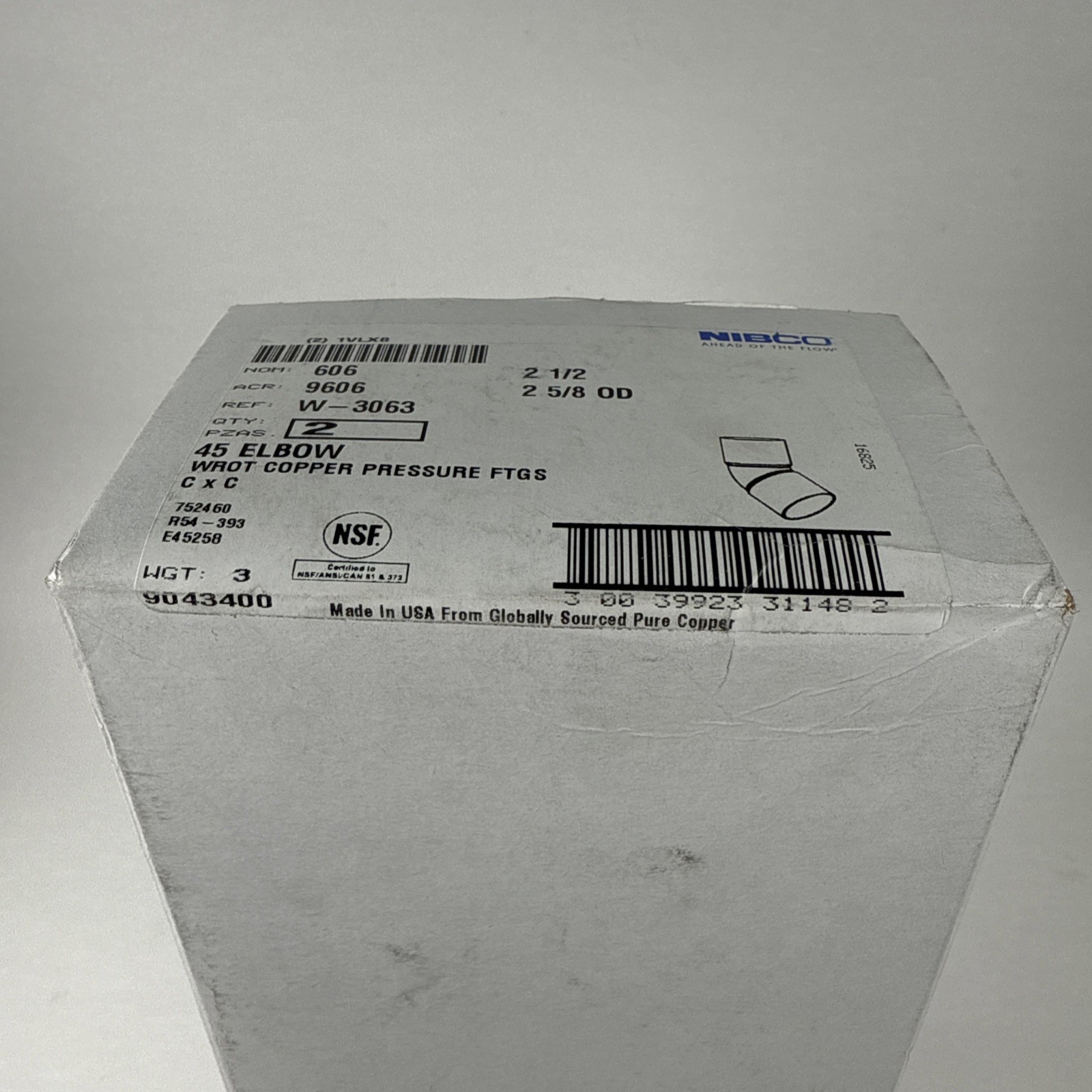NIBCO 9043400 606 Elbow 45 Deg 2-1/2 Inch Nominal C x C Lot Of 2 New