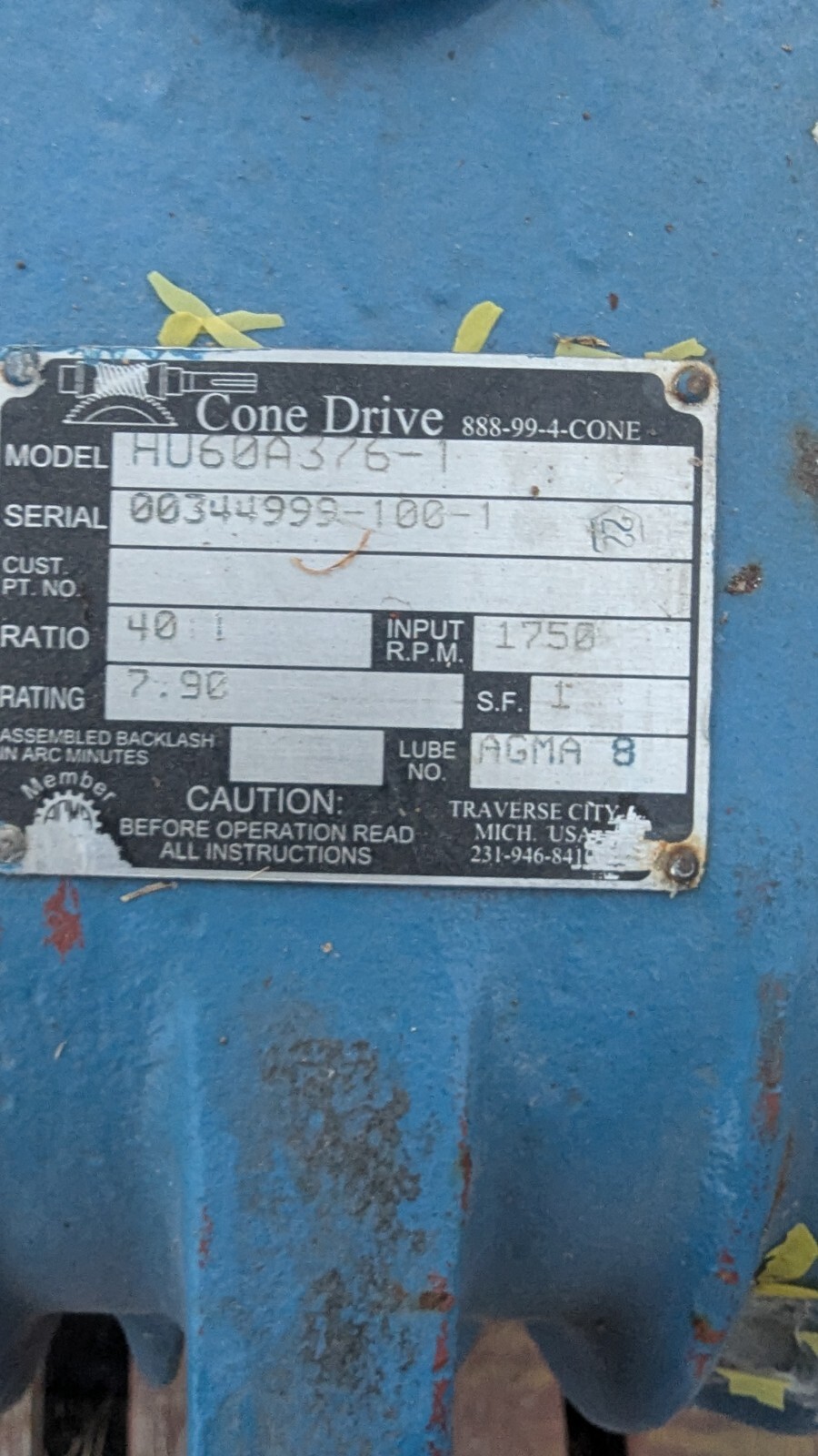 CONE DRIVE HU60A376-1 – 70:1 RATIO – IMPUT RPM 1750
