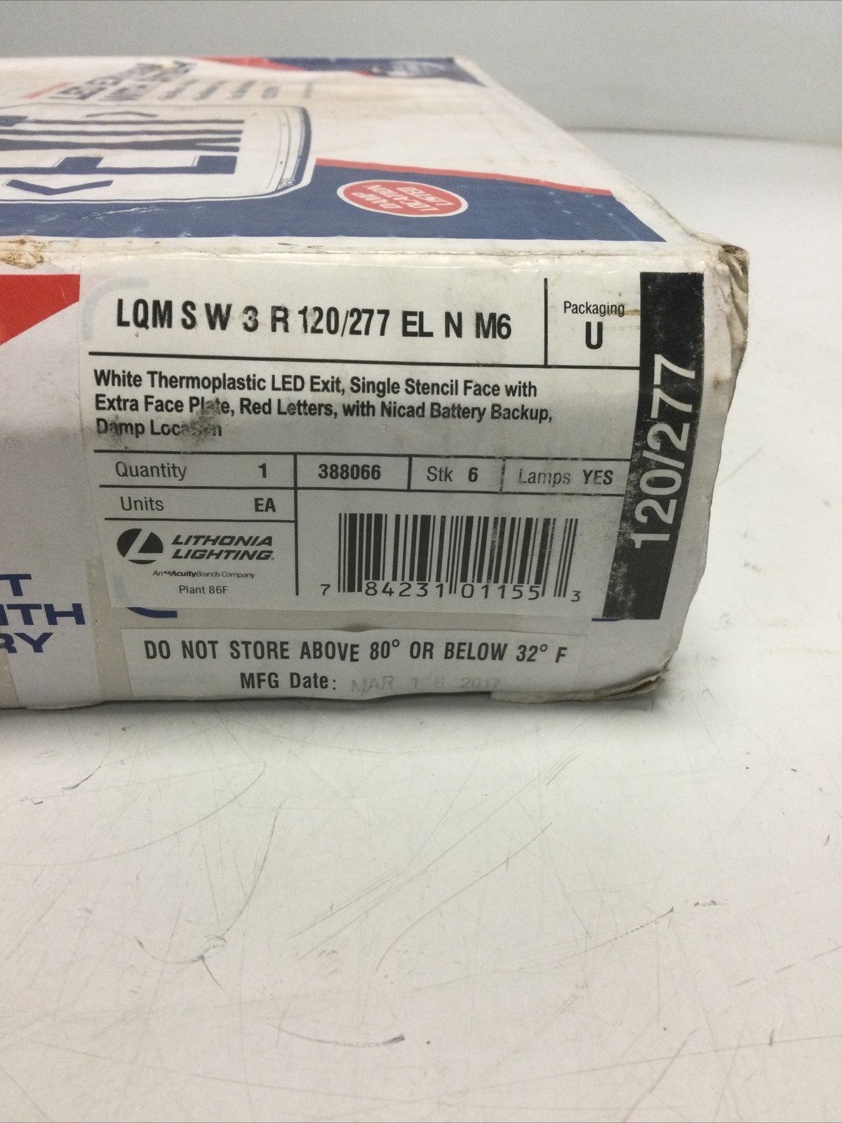 NEW, LITHONIA LIGHTING, LQM-S-W-3-R-120/277-EL-N-6, LED EXIT SIGN W/ BATT.(22K-1