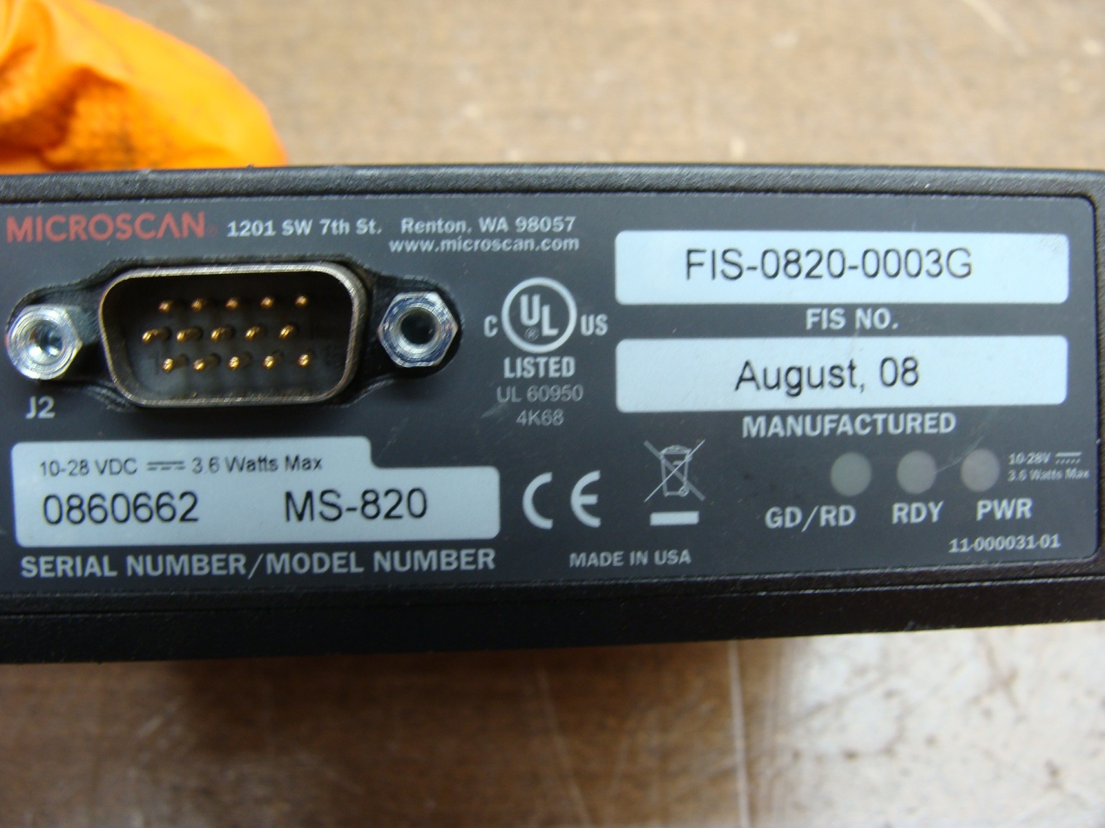 MICROSCAN INDUSTRIAL BARCODE SCANNER FIS-0820-0003G