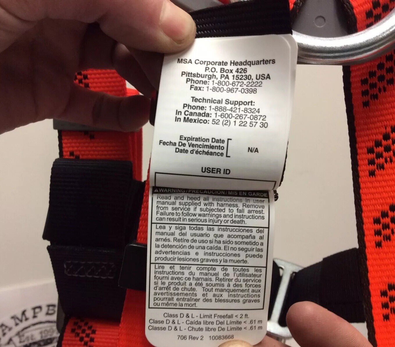 Harness MSA Full Body XLG Vest Style P#10091456 Rigging Climbing D-Ring Safety