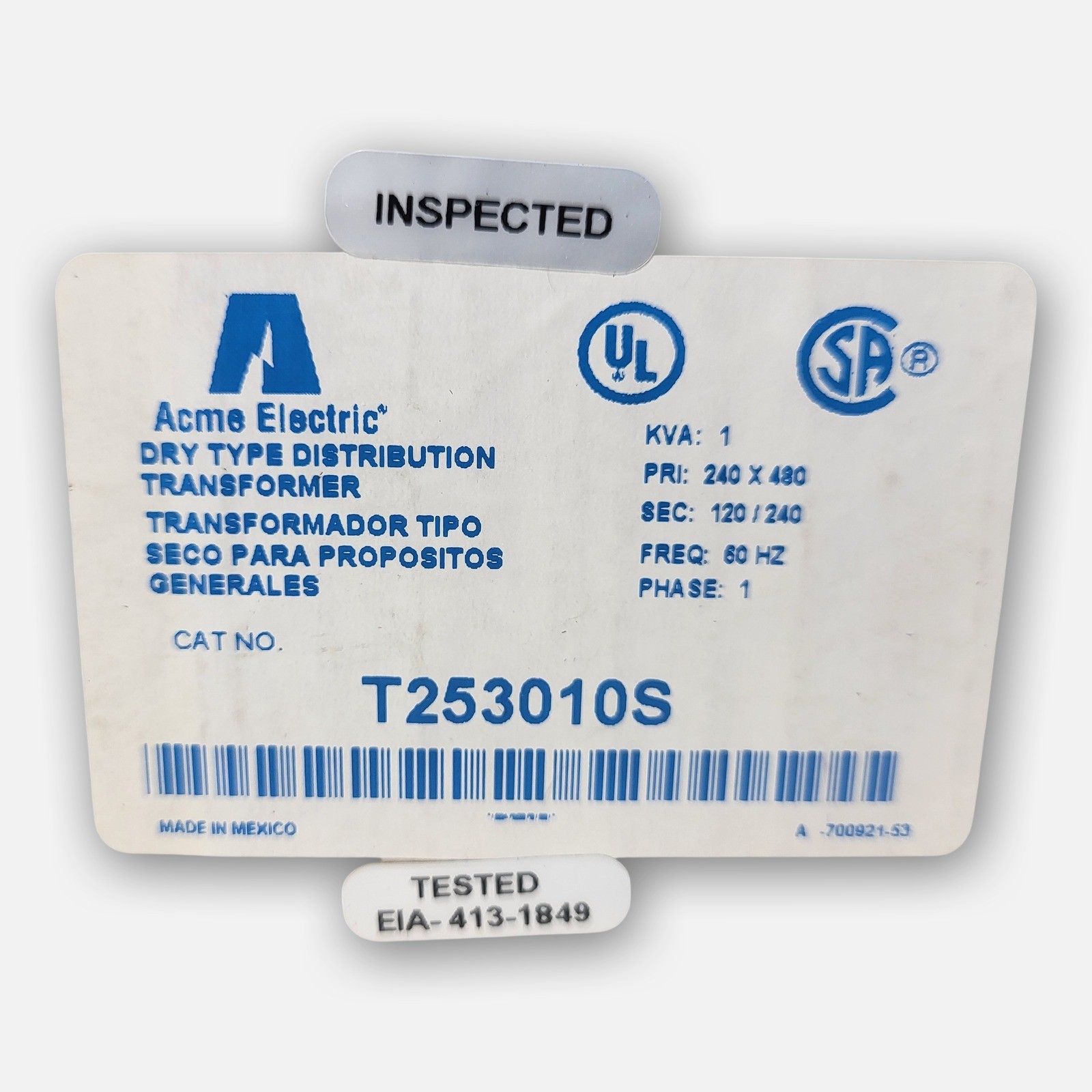 NEW ACME ELECTRIC T253010S SINGLE PHASE TRANSFORMER 1KVA 4WUA5