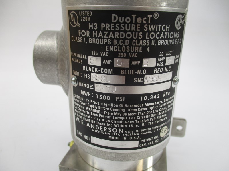 W.E. ANDERSON H3S3SL 250VAC 5A 5-70PSI NSMP
