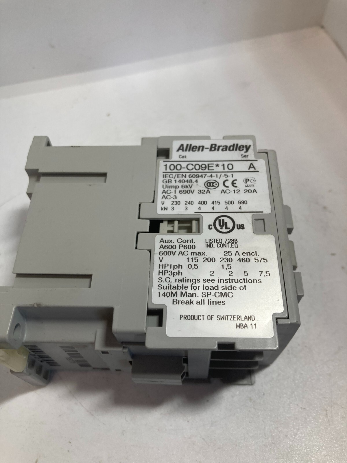 ALLEN BRADLEY 100-C09E10 CONTACTOR 3 POLE 9 AMP SERIES A