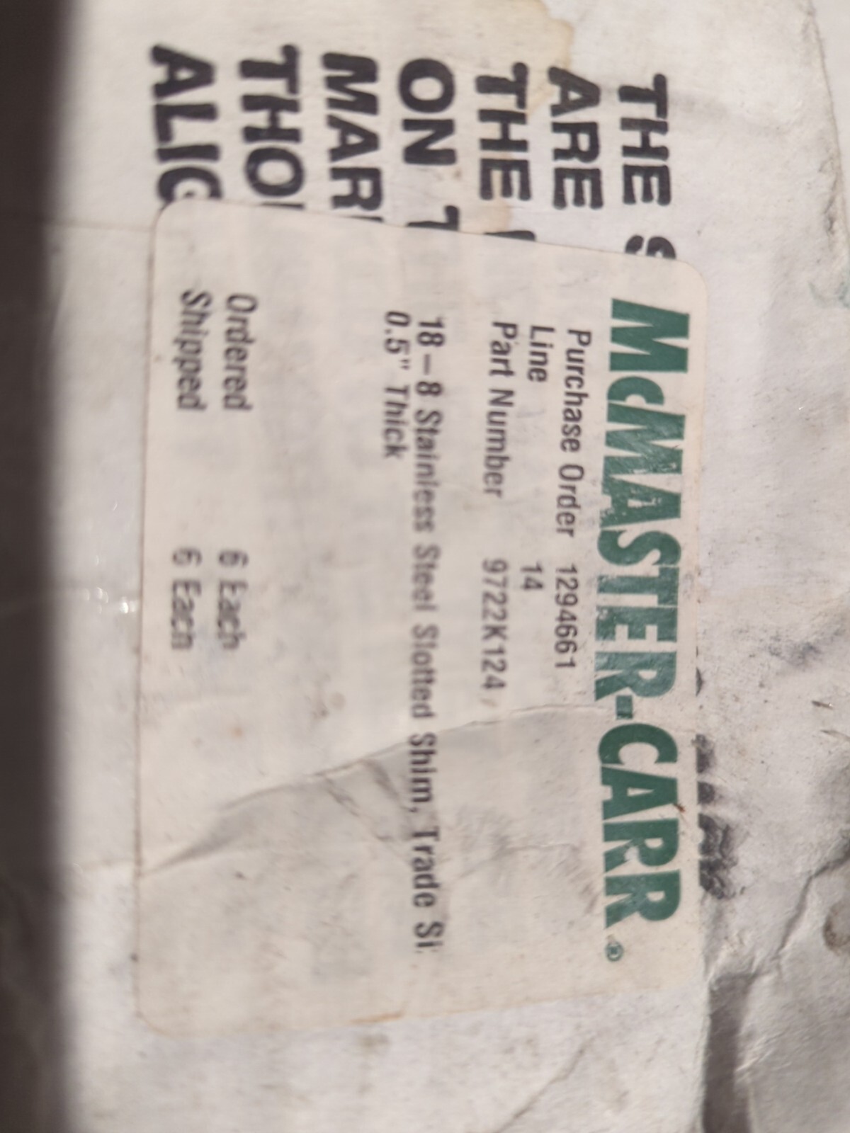 (6) Aloma Shims McMaster-Carr Slot Shim 18-8 9722K124 sz.B .500 1/2″ Stainless