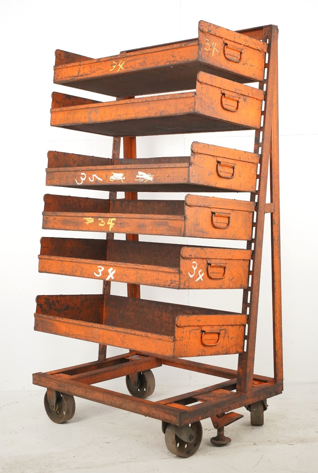 Industrial Six Tray Orange Steel Rolling Cart