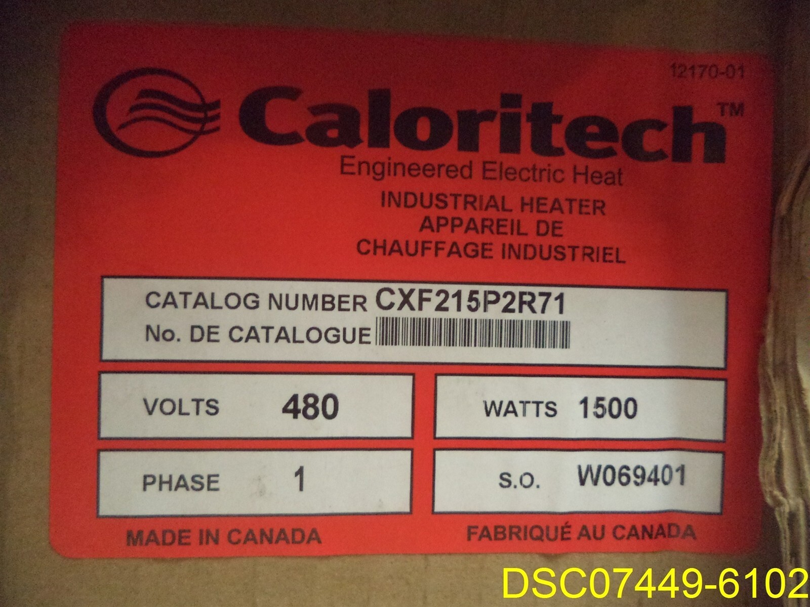 Caloritech CXF215P2R71 Heater 480V 1 Ph, 1.5kW
