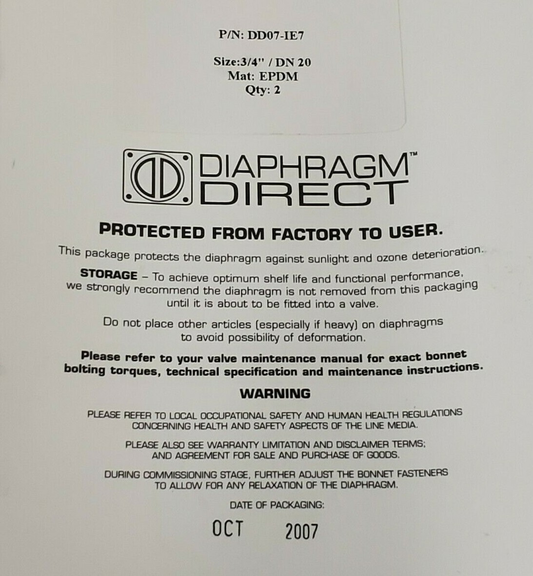 NEW DIAPHRAGM DIRECT P/N: DD07-IE7 SIZE: 3/4” / DN 20 MAT: EPDM QTY: 2