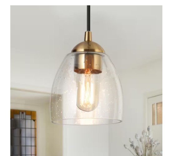 Zevni 1-Light Brass Gold Mini Pendant Light, Seeded Glass Black Pendant Hanging