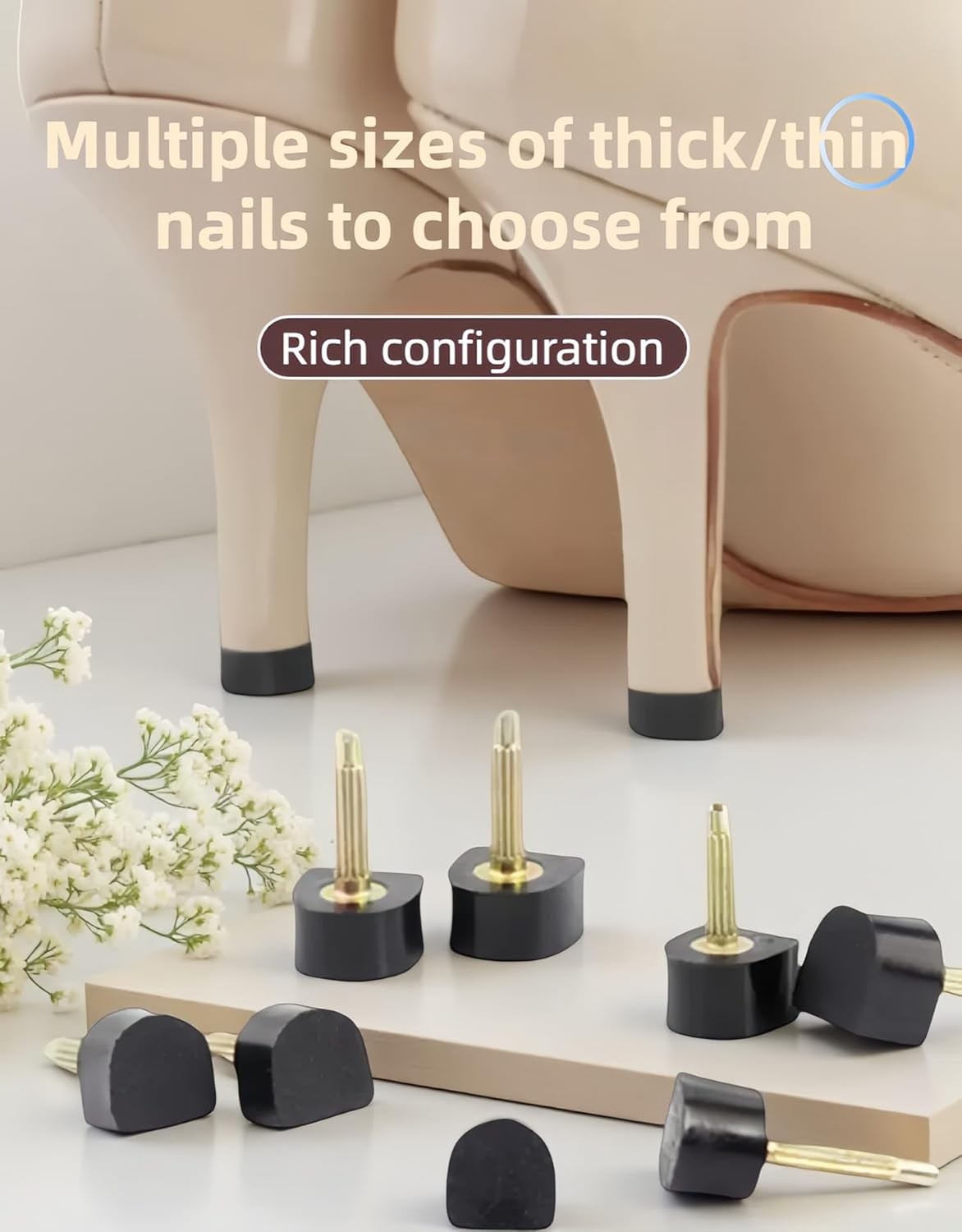 10 Pairs High Heel Tips Replacement – U/Cap Style, 2.4mm & 3mm Metal Core, 5 Siz