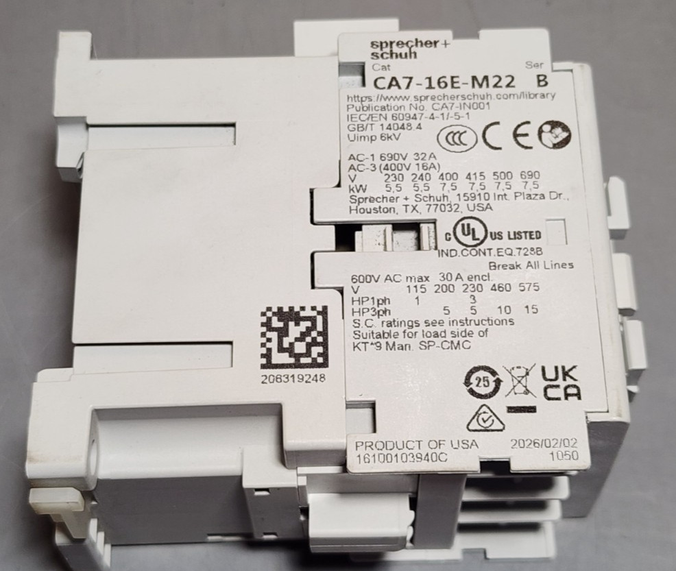 Sprecher + Schuh CA7-16E-M22-24E Contactor 24VDC Coil 2NO 2NC