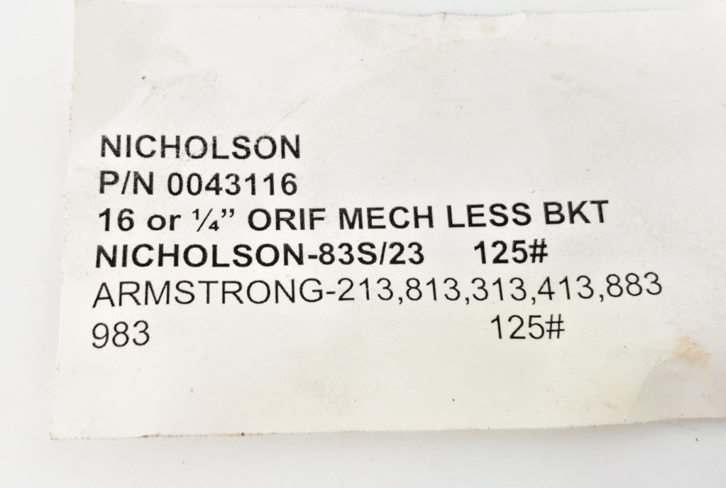 New Nicholson 0043116 Kit 16 or 1/4″ ORIF MECH LESS BKT 83S/23 125# – No Box