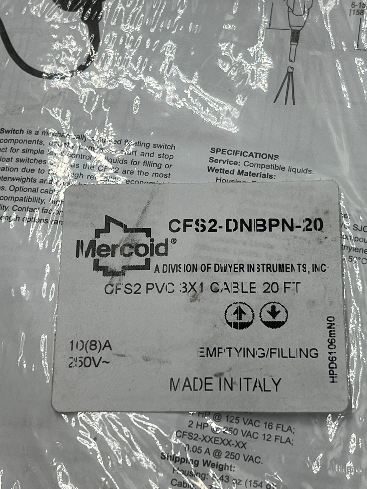 MERCOID FLOAT SWITCH CABLE CFS2-DNBPN-20 20 FT. (112-1) 250V