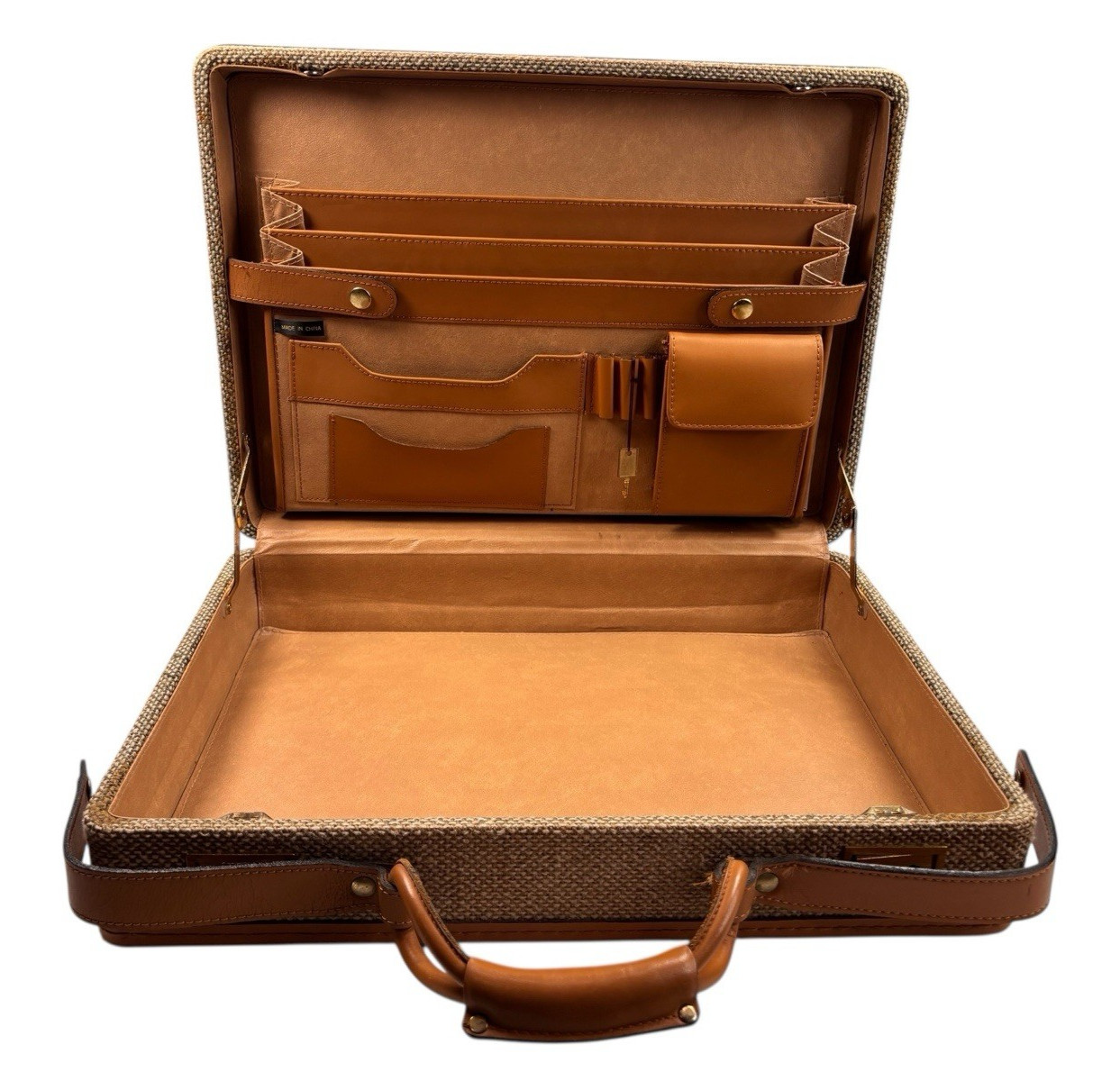 VINTAGE Jute Attaché Burlap Briefcase with Keys Leather Trim Brass Hardware