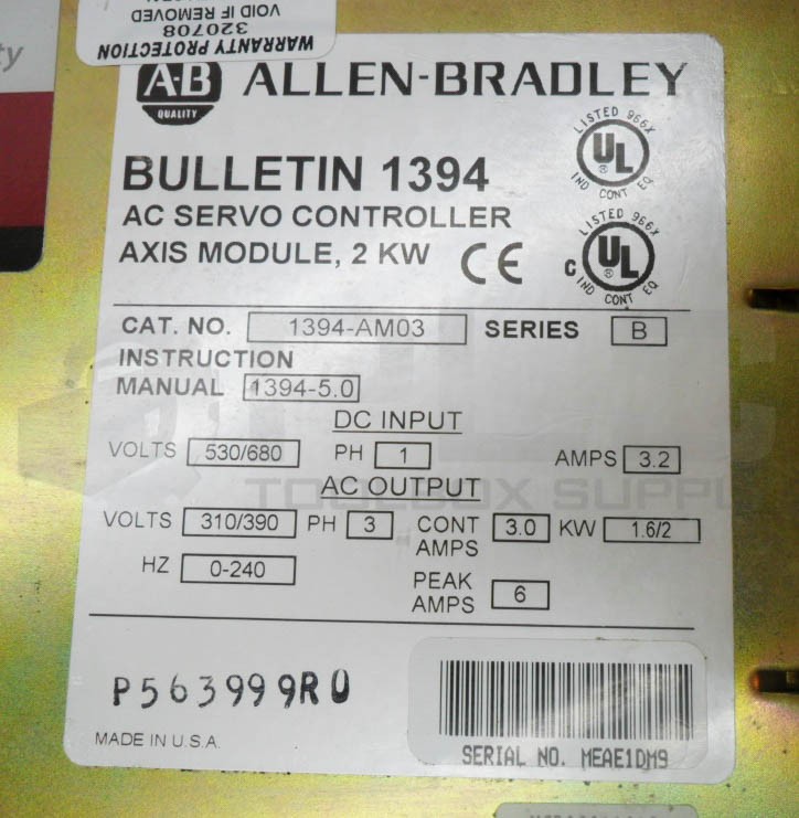 ALLEN BRADLEY 1394-AM03 /B AC SERVO CONTROLLER 3.2A 530-680V 1PH *READ*