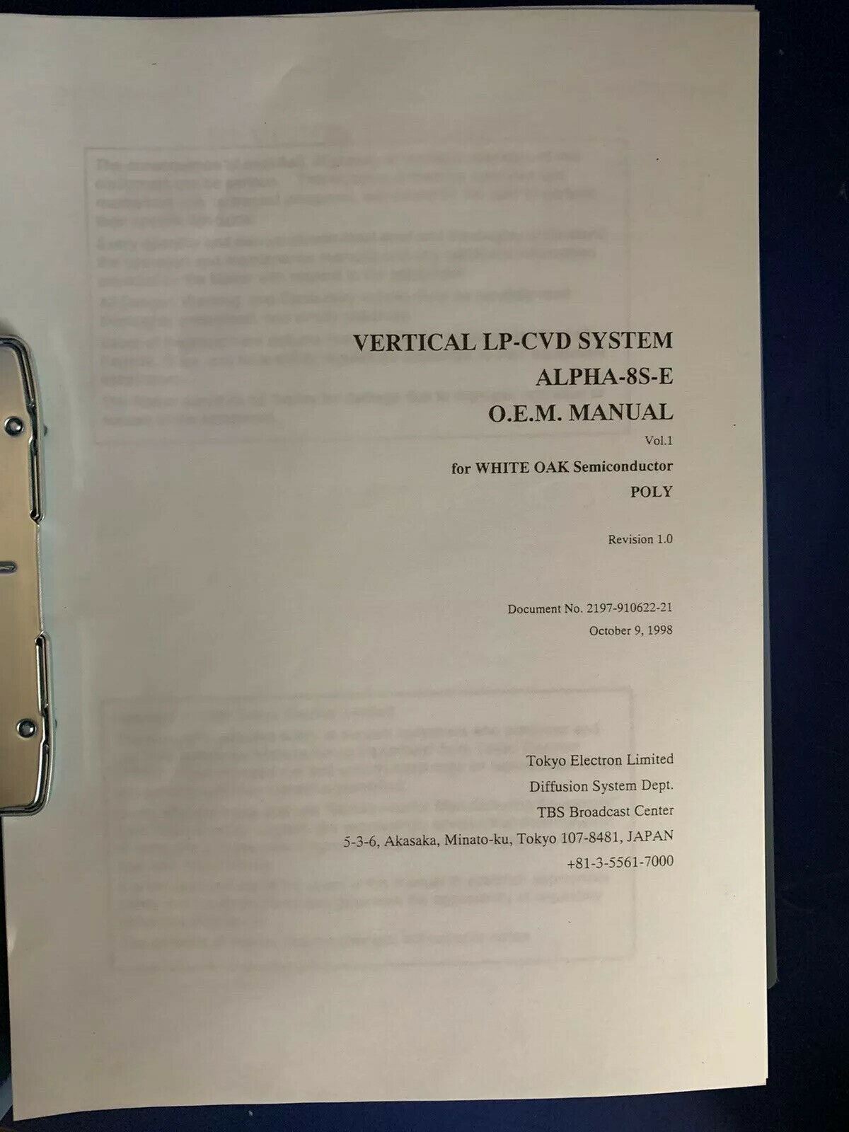 Tokyo Electron ALPHA-8S-E Vertical LP-CVD POLY O.E.M. Manual Volume 1, Used