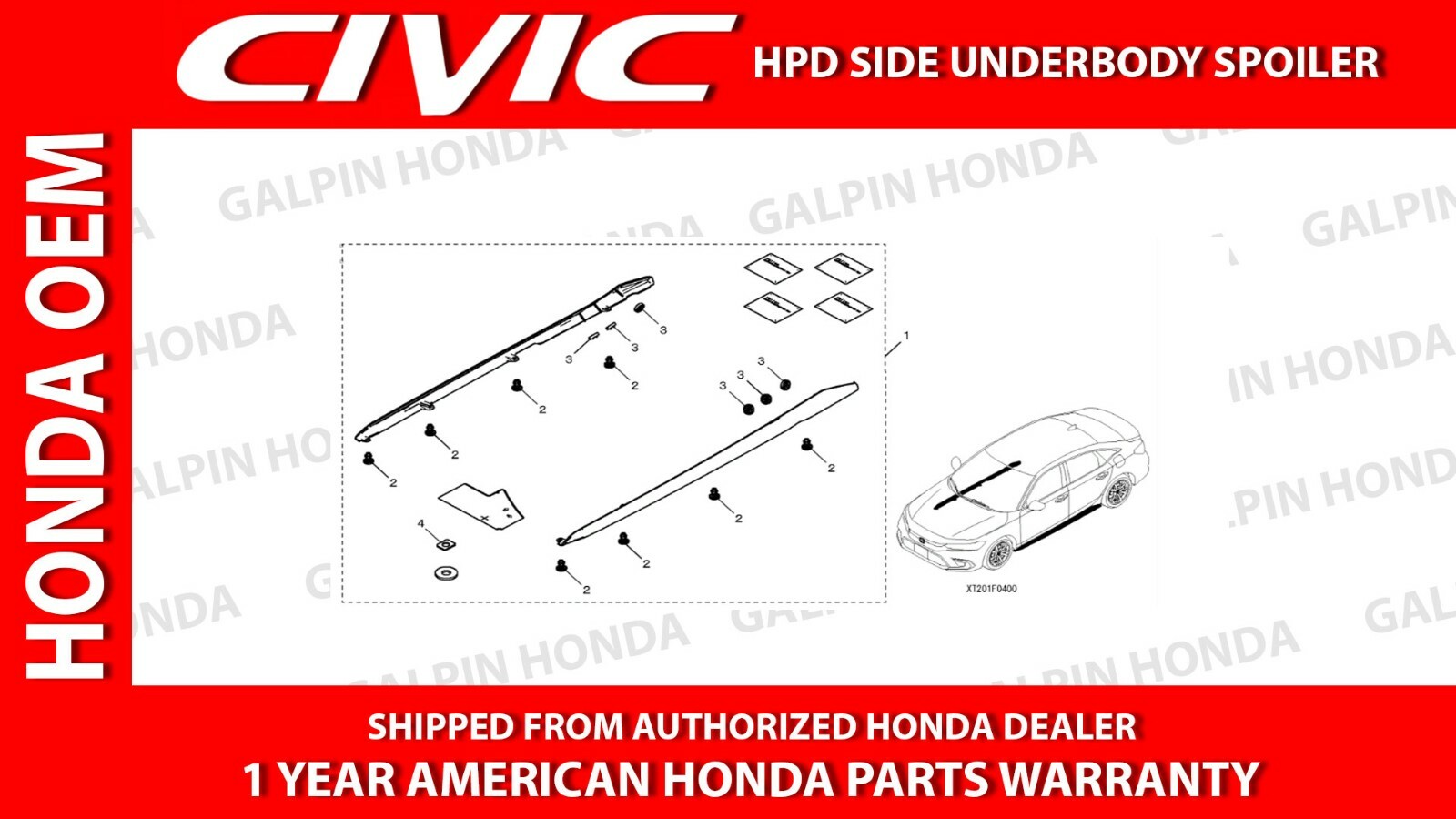 NEW 2022-2024 GENUINE HONDA CIVIC 4DR HPD SIDE UNDERBODY SPOILER [08F04-T20-100]