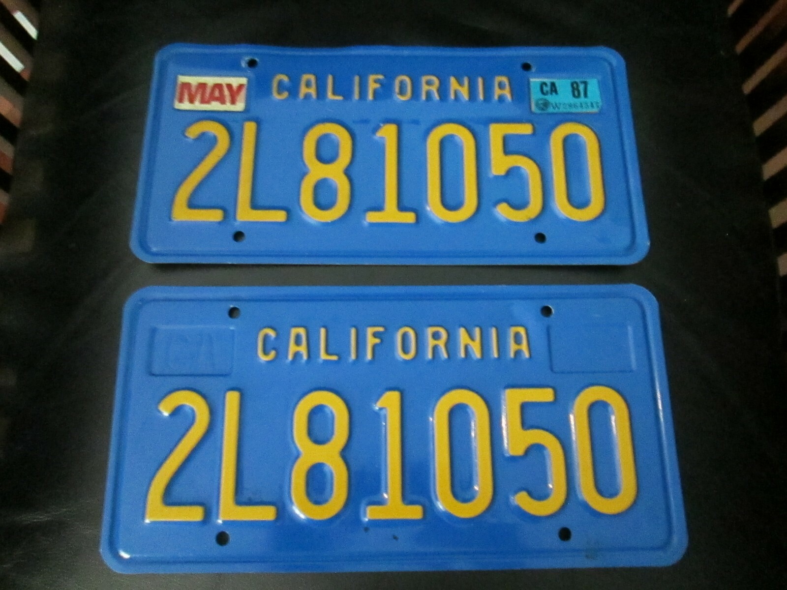 Set of 2 Matching California CA Blue & Yellow Vintage License Plates 1980s