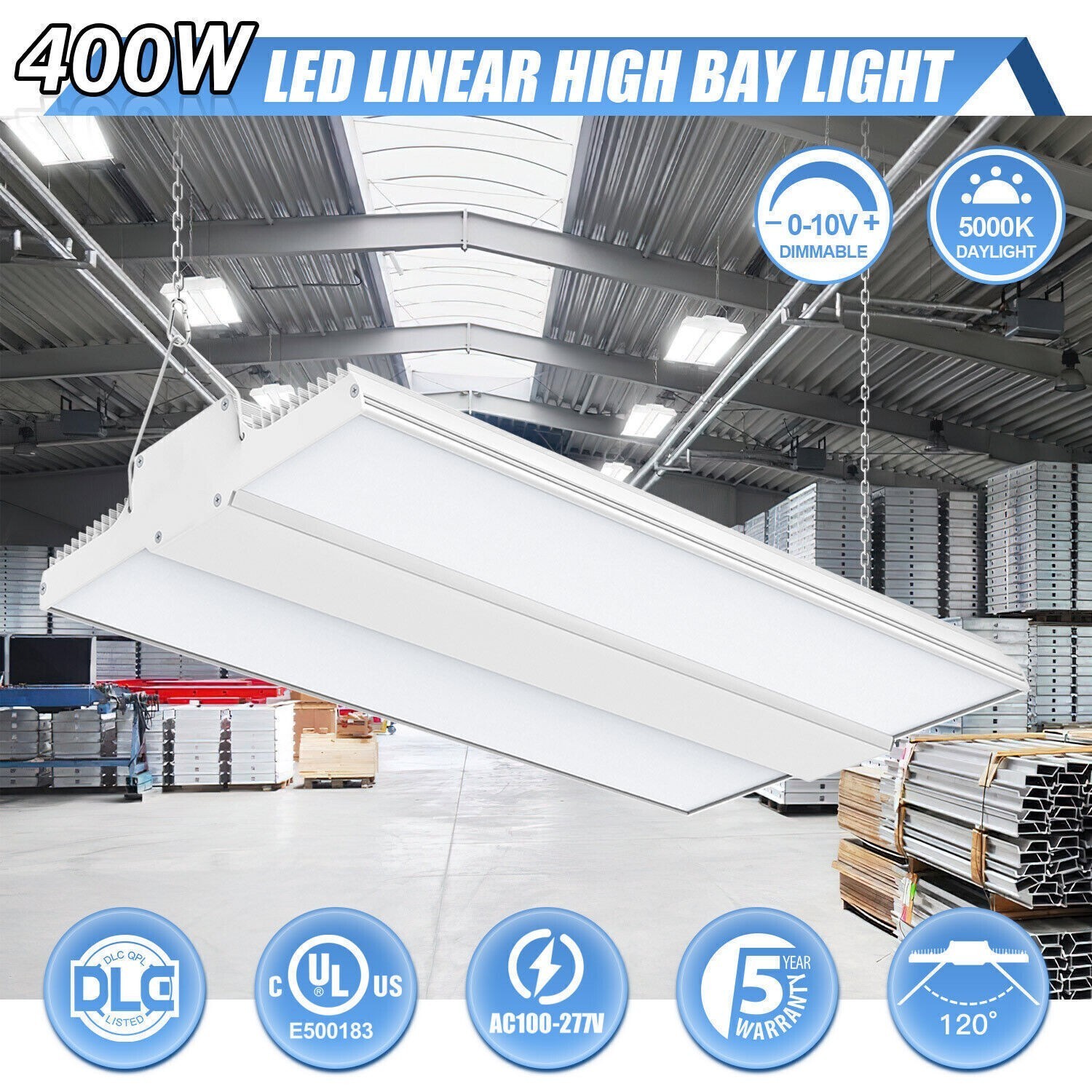 400W LED Linear High Bay Light 5000K Commercial Warehouse Garage Shop Lighting