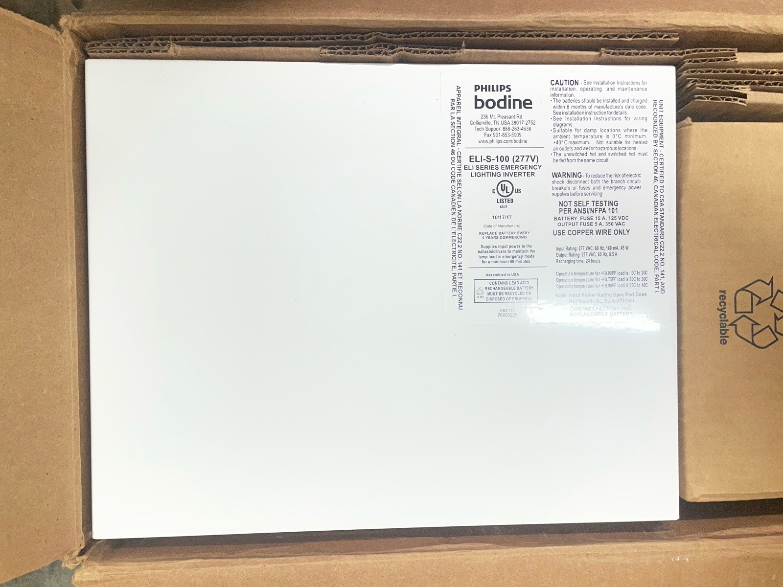 Phillips Bodine ELI-S-100-277V EM Lighting Inverter Open Box New w/ Battery