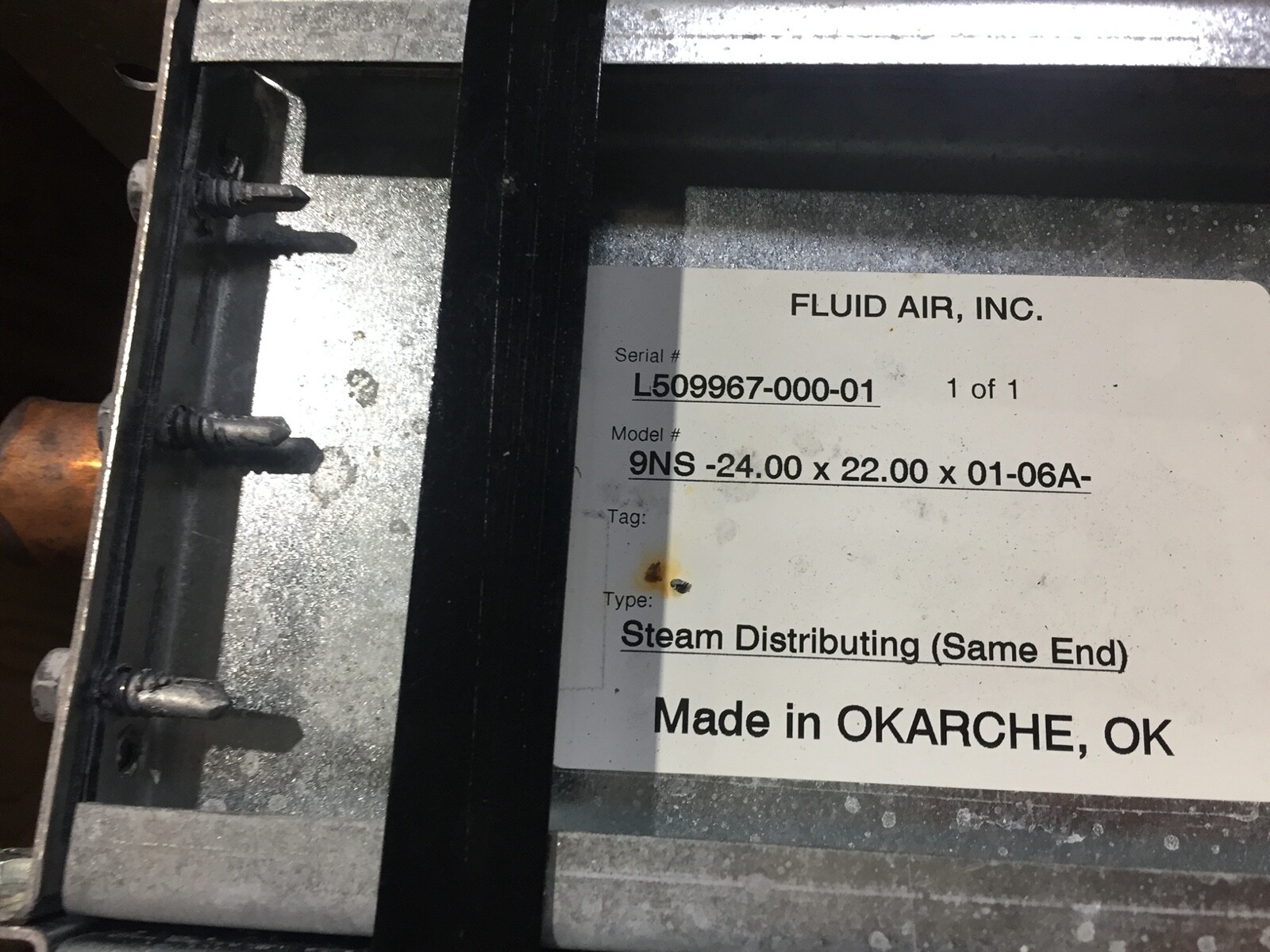 Fluid Air Inc. Steam Distributing Heat Exchanger (9NS -24.00×22.00×01-06A)
