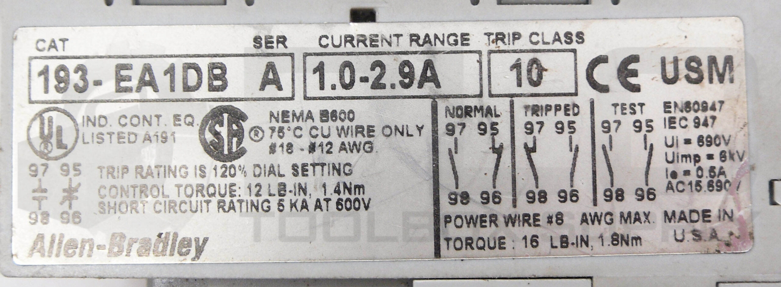 ALLEN BRADLEY 100-C09*10 /A CONTACTOR 600VAC 25A W/ 193-EA1DB /A OVERLOAD RELAY