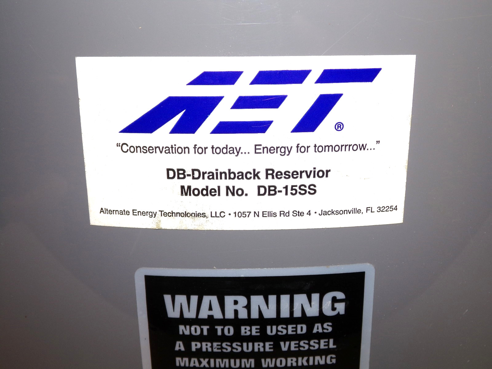 AET Thermomiser DB-15SS Stainless Steel Drainback Reservoir Tank w/ Sight Glass