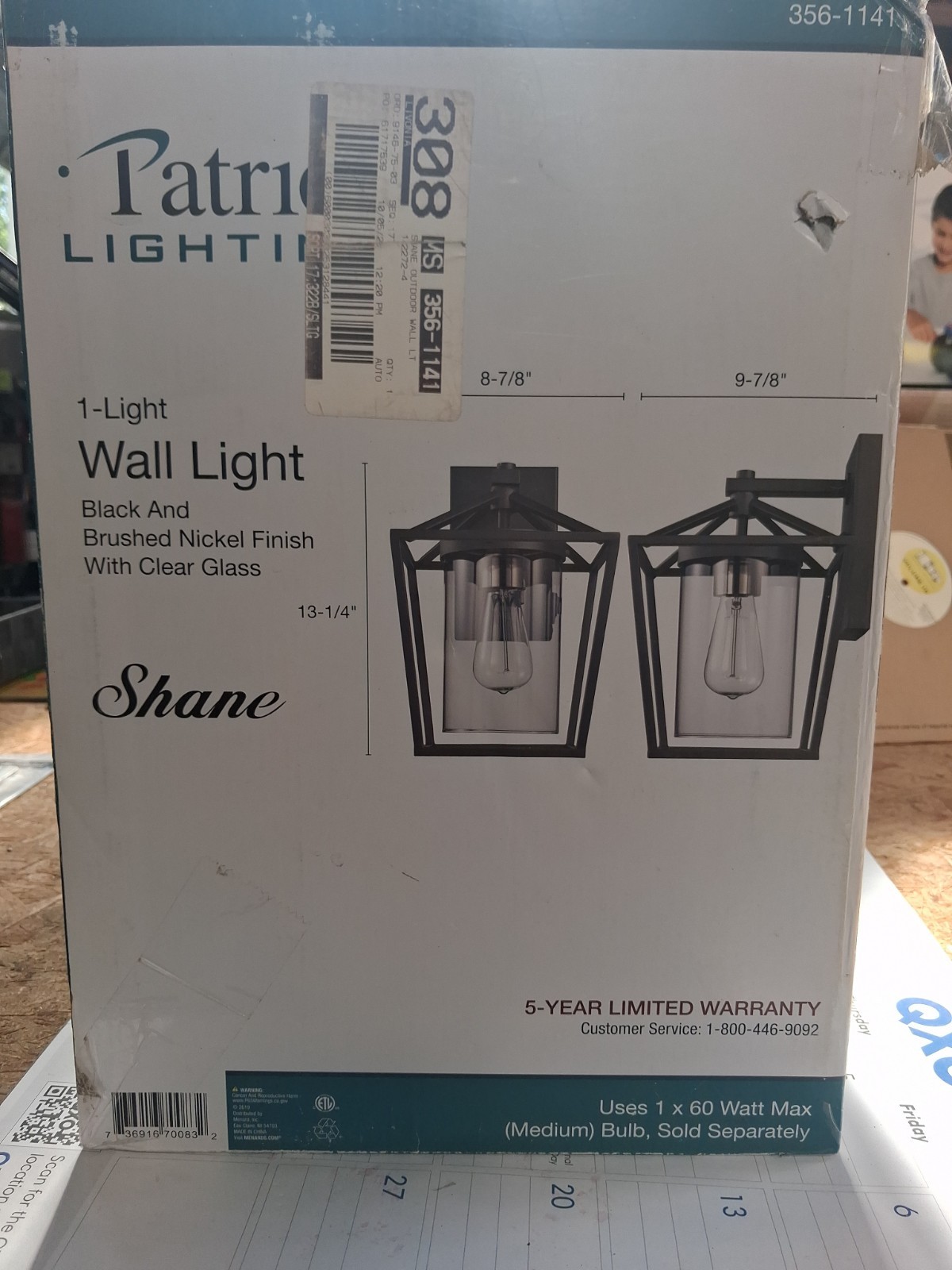 Patriot 356-1141 Wall Light Black Nickel Finish Clear Glass- NEW –