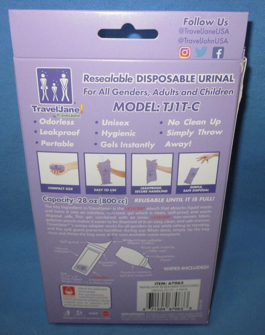 a box of 6 ~ TravelJane Disposable Urinals by TravelJohn ~ unisex, Adults, Kids