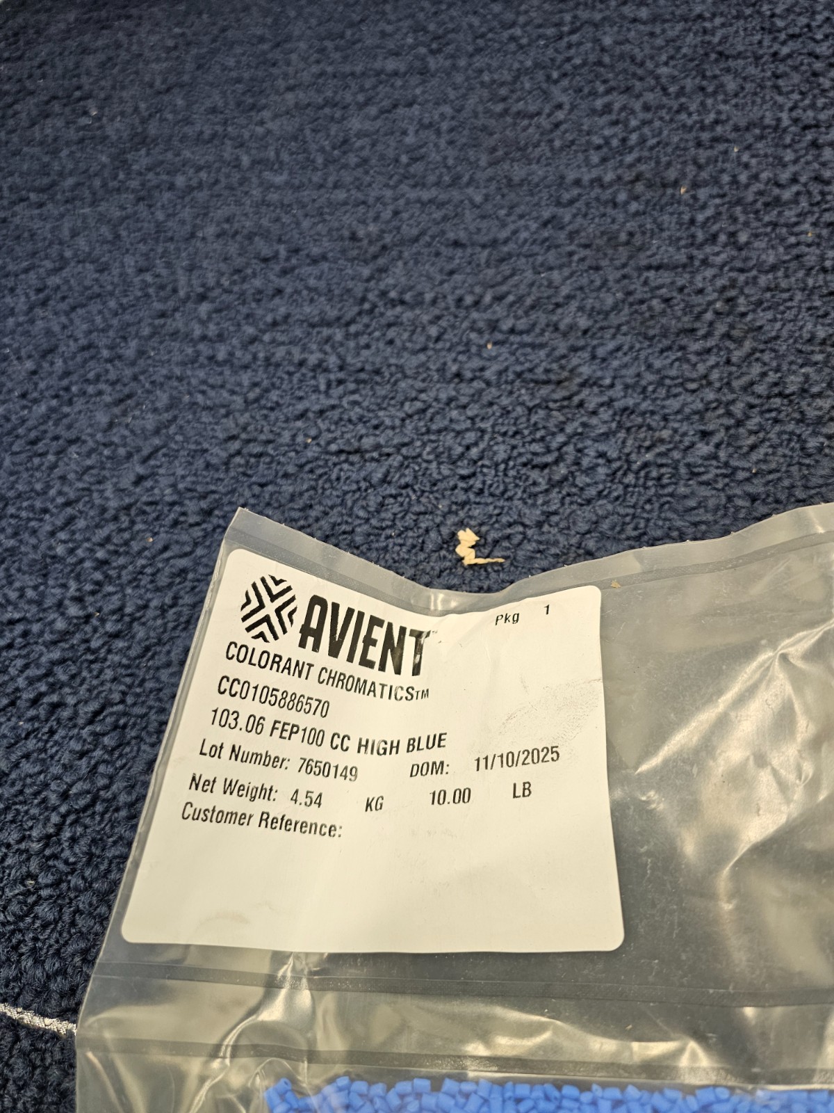 Avient 103.06 FEP100 CC0105886570 Colorant Chromatics CC High Blue 10lbs