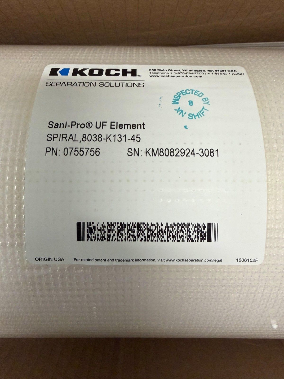 KOCH 0755756 Membrane Systems Sani-Pro Band-Tite UF Element SPIRAL FREE SHIPPING